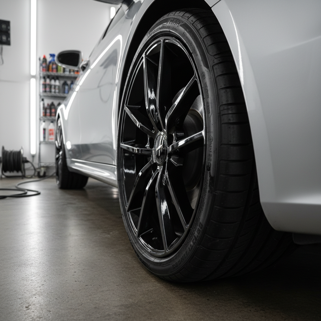 A meticulously detailed black alloy wheel and low-profile tire on a silver luxury sedan, captured after a full wheel and tire treatment. The wheel surface is spotless and reflective, showing crisp reflections of the well-lit detailing bay, while the tire sidewall appears deep, rich black with a subtle satin finish and clean lettering. The concrete floor beneath is dry and free of debris, with a neatly coiled hose and a compact, organized shelf blurred in the background. Photographic realism, low-angle close-up shot with a shallow depth of field, dramatic side lighting from LED strips creating precise highlights on each spoke. The mood is technical and performance-oriented, emphasizing attention to detail in every part of the vehicle.