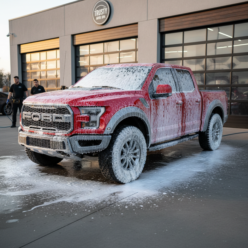 A red pickup truck undergoing a professional foam wash outside a clean, modern auto detailing facility. Thick, bright white foam clings to the paint, wheels, and grille, contrasting dramatically with the glossy red panels and dark tires. The building behind has a simple, discreet facade with large glass bays and a well-kept concrete apron. Late afternoon natural light casts a warm, even glow across the scene, with gentle shadows stretching behind the vehicle. Photographic realism, three-quarter angle from the front corner, with fine detail in the foam texture and water runoff. The mood is dynamic and energetic yet controlled, conveying thorough pre-wash preparation by a trusted local detailer.